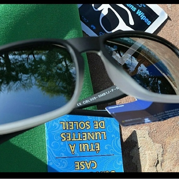 NEW CB Sports Mirrored Black Clear frame Rectangle Polarized Sunglasses w/pouch - Picture 9 of 9